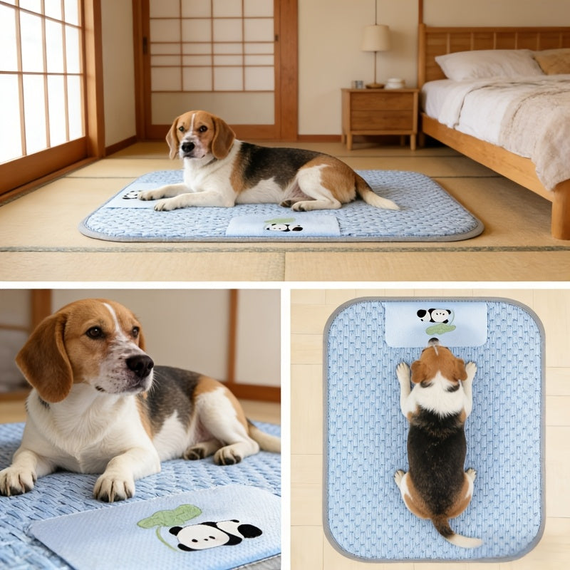 Dog Cooling Mat with Ice Bead Texture Fabric, Featuring Gray Piping Edges and an Adorable Panda Hugging a for Lotus Leaf Pattern Printed Underneath. Specially Designed for Pets During Summer. This Cooling Pad Serves as a Summer Cooling Sleeping Mat