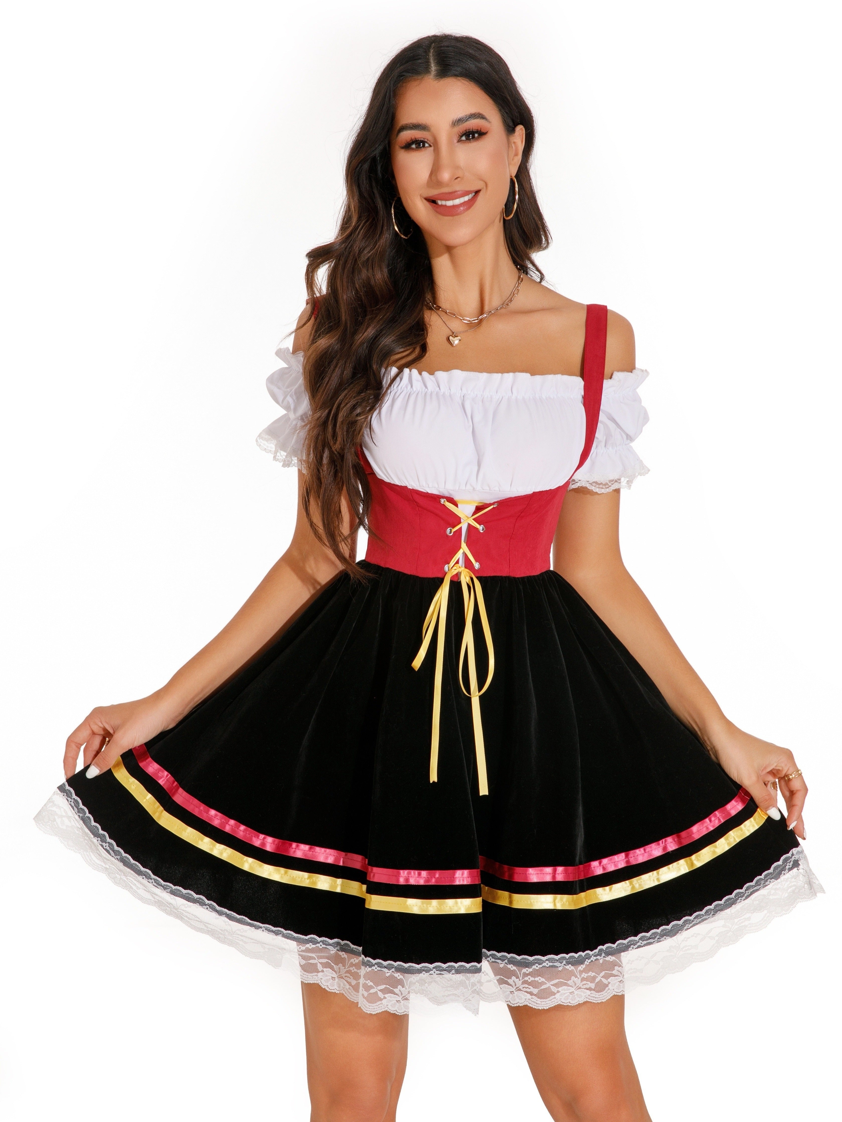 Women's Bavarian Dirndl Dress with Lace-Up Corset for Oktoberfest
