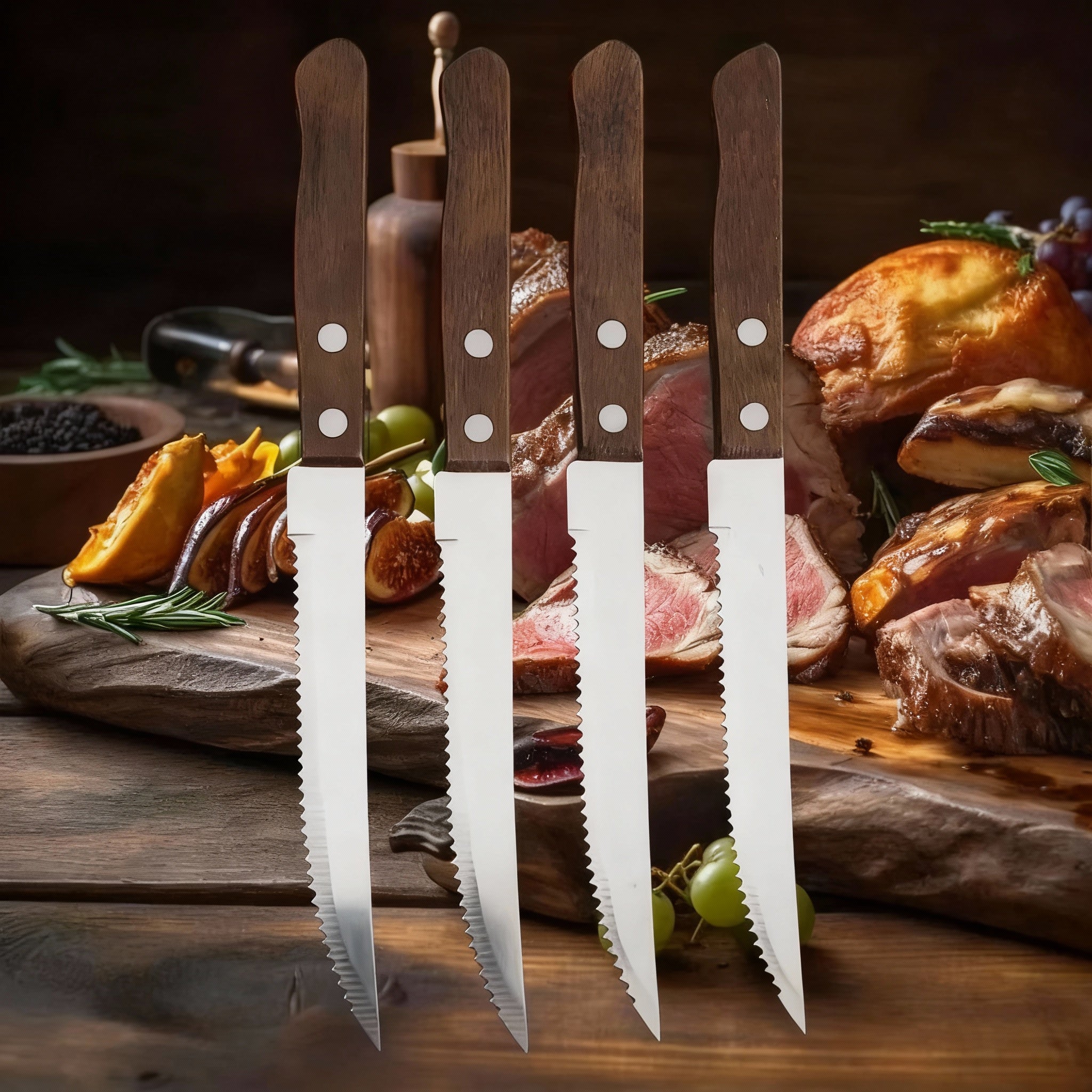 Elegant Stainless Steel Steak Knife Collection with Wooden Grip