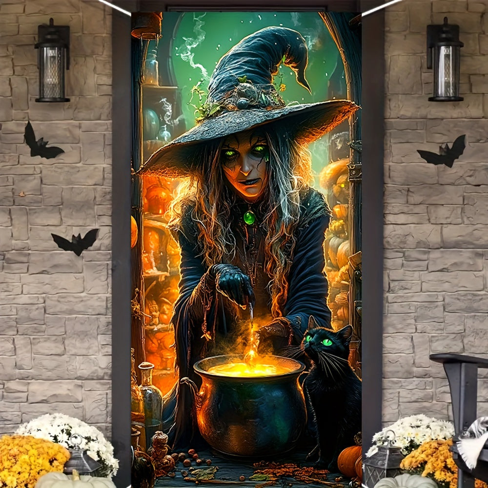 Halloween Witch and Cat Door Cover - Durable Vinyl Indoor Decor Backdrop