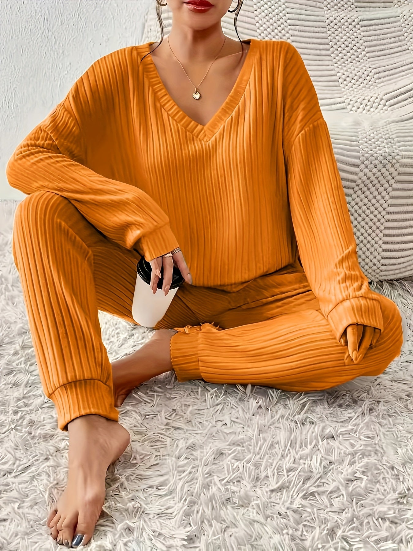 Women’s Knit Jumpsuit | V-Neck Long Sleeve | Cozy Fall Winter Wear | Polyester
