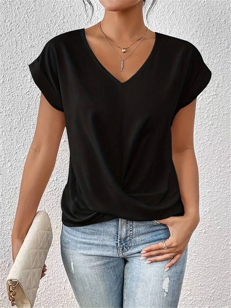 Women’s Short-Sleeve V-Neck Top | Twist-Front Draped Design | Lightweight & Breathable Fabric | Comfortable Fit