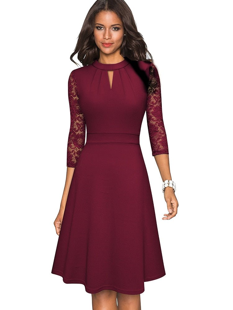 Women’s Lace Dress | Hollowed Design & Knee-Length Fit-and-Flare | Polyester | Comfortable Fit