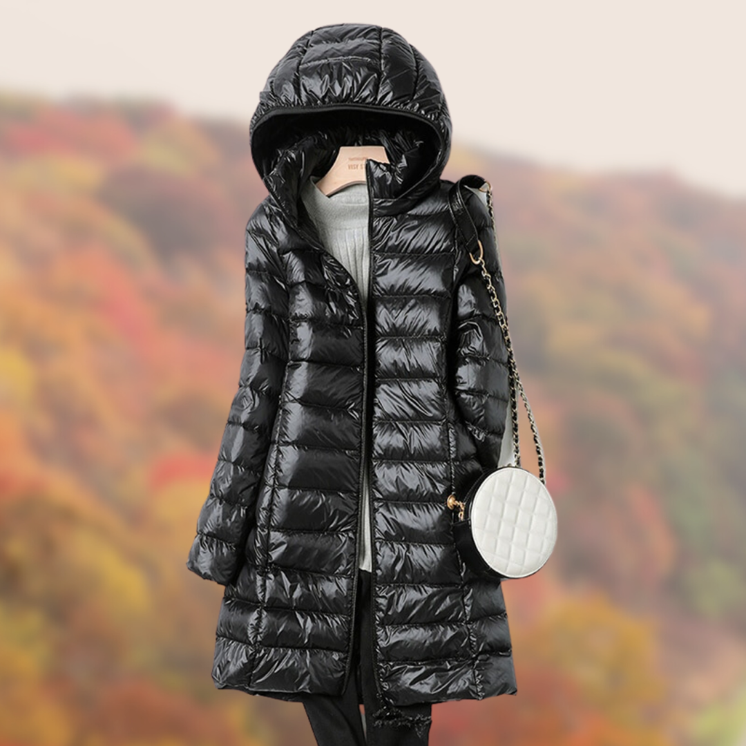 Women’s Hooded Down Coat | Ultralight Down Insulation | Longline Quilted Design | Transitional Weather