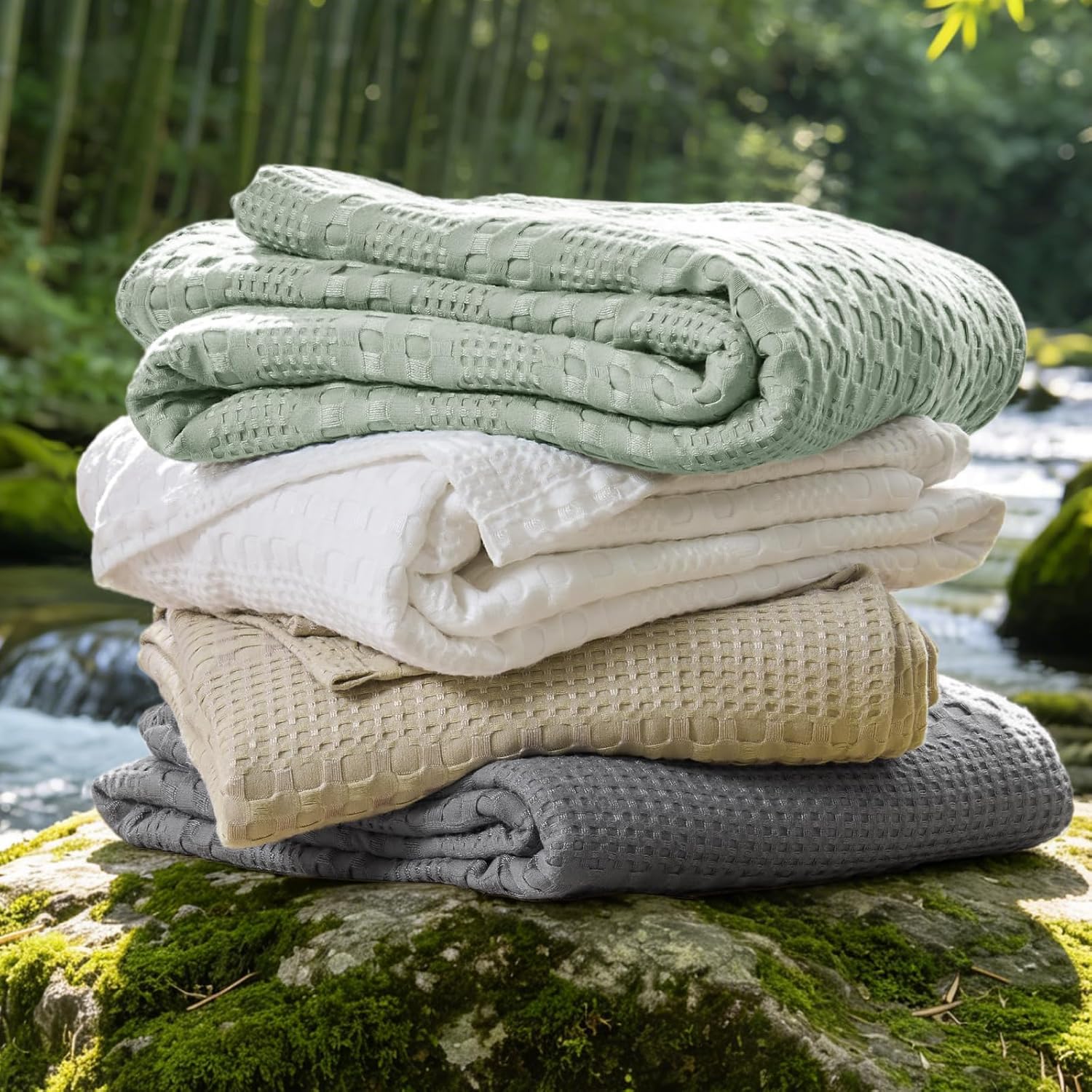 Lightweight Summer Blanket – Soft Breathable Cotton Waffle Design, White, 90"x90