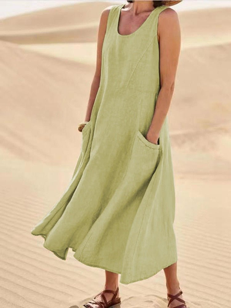 Women’s Maxi Dress | Lightweight Breathable Linen-Style | Side Pockets & Relaxed Fit | Comfortable Summer Wear