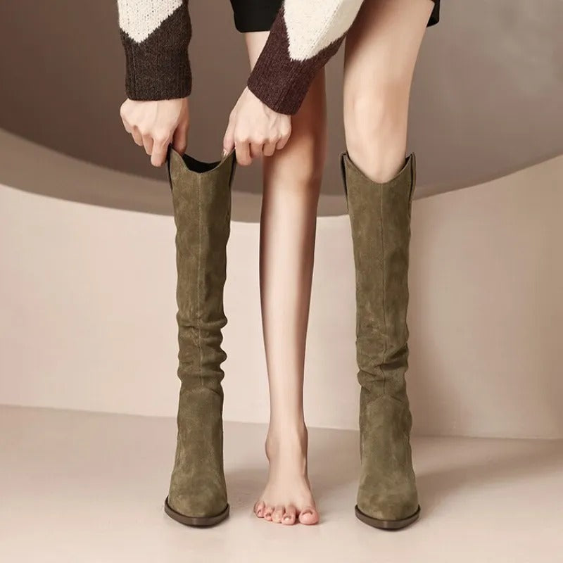 Women’s Knee-High Boots | Vintage Suede with Ruffle Details | Block Heel & Almond Toe | Comfortable Fit