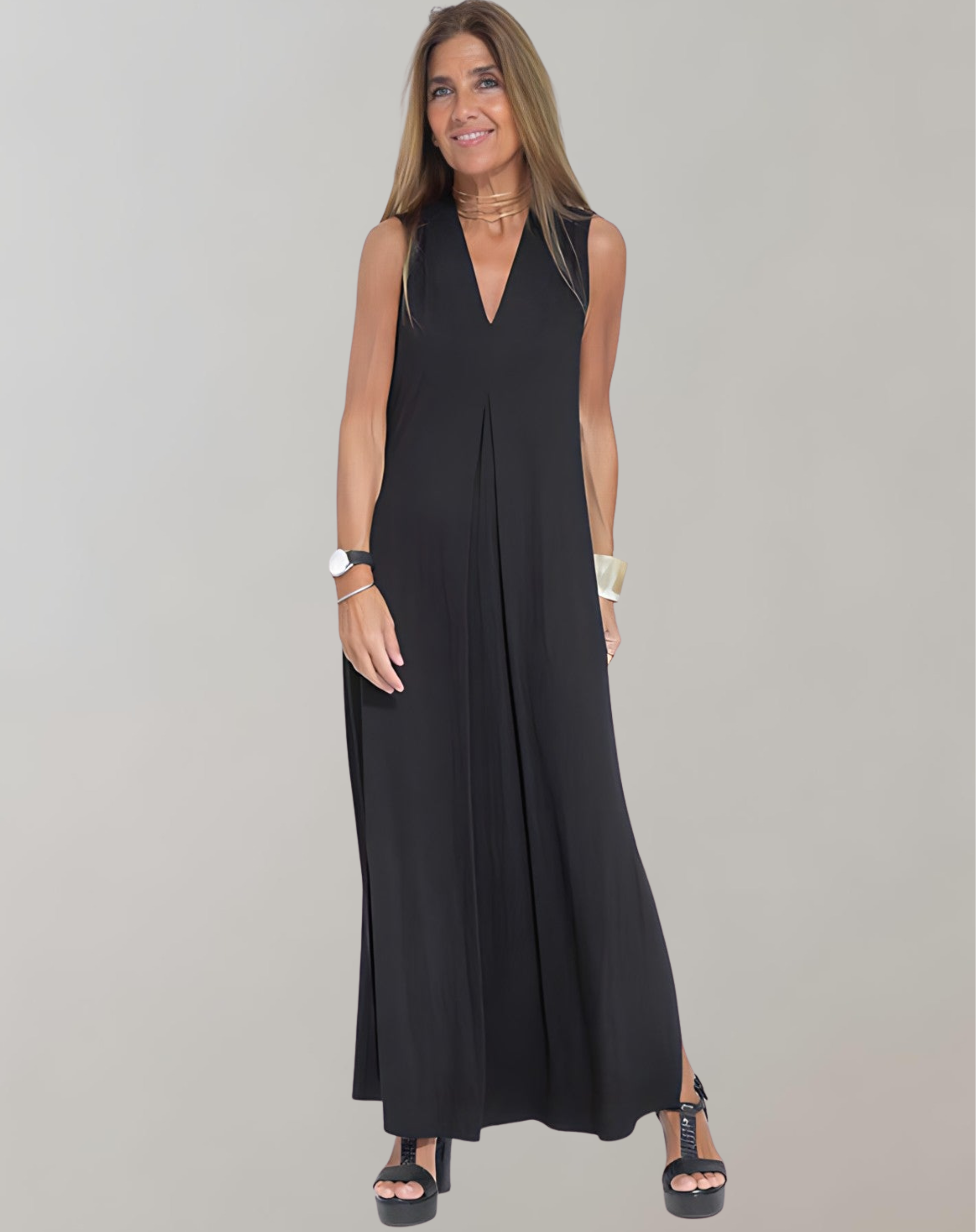 Women’s Maxi Dress | Slimming V-Neck with Draped Pleat | Breathable Cotton | Comfortable Fit