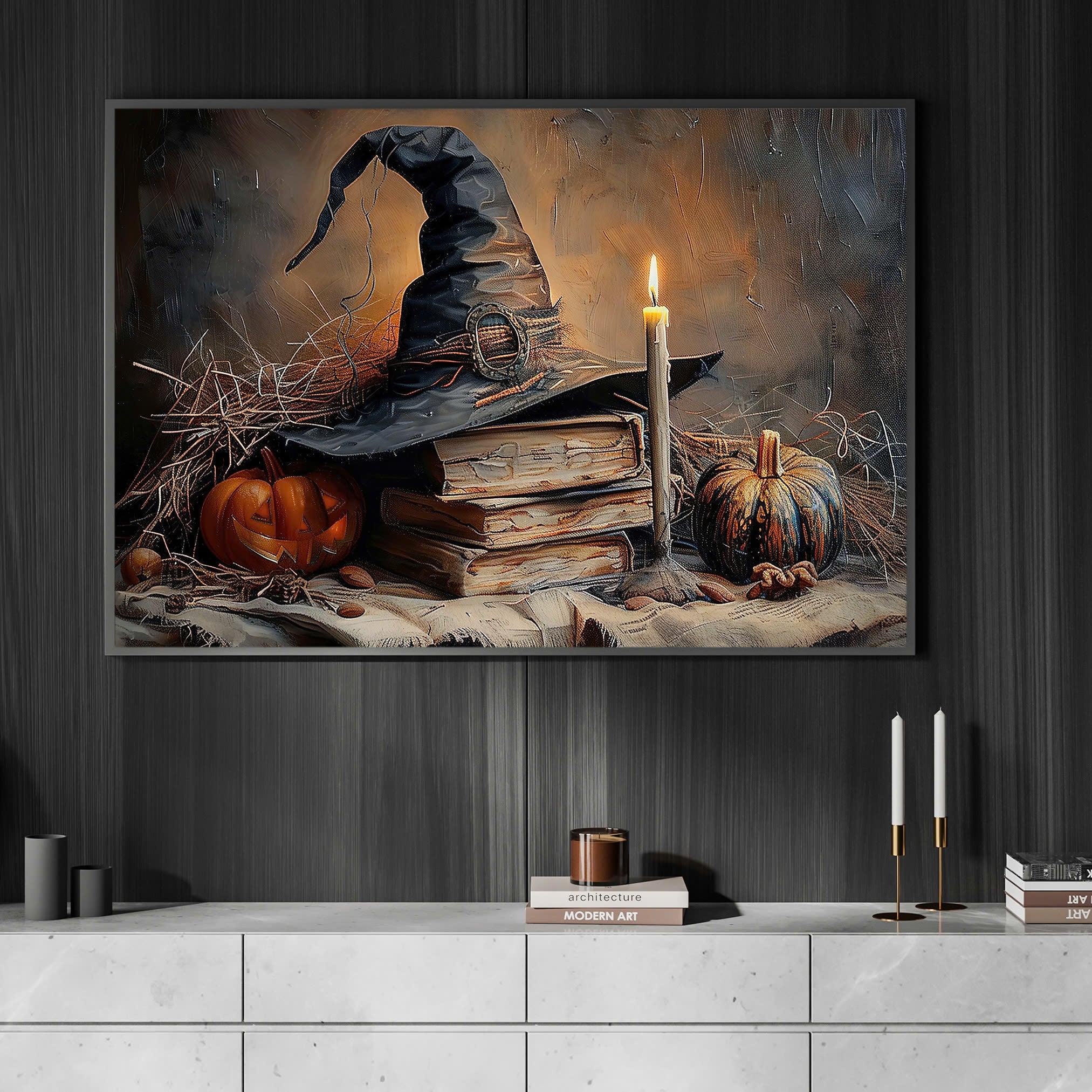Halloween Witch Canvas Wall Art with Spooky Autumn Decor
