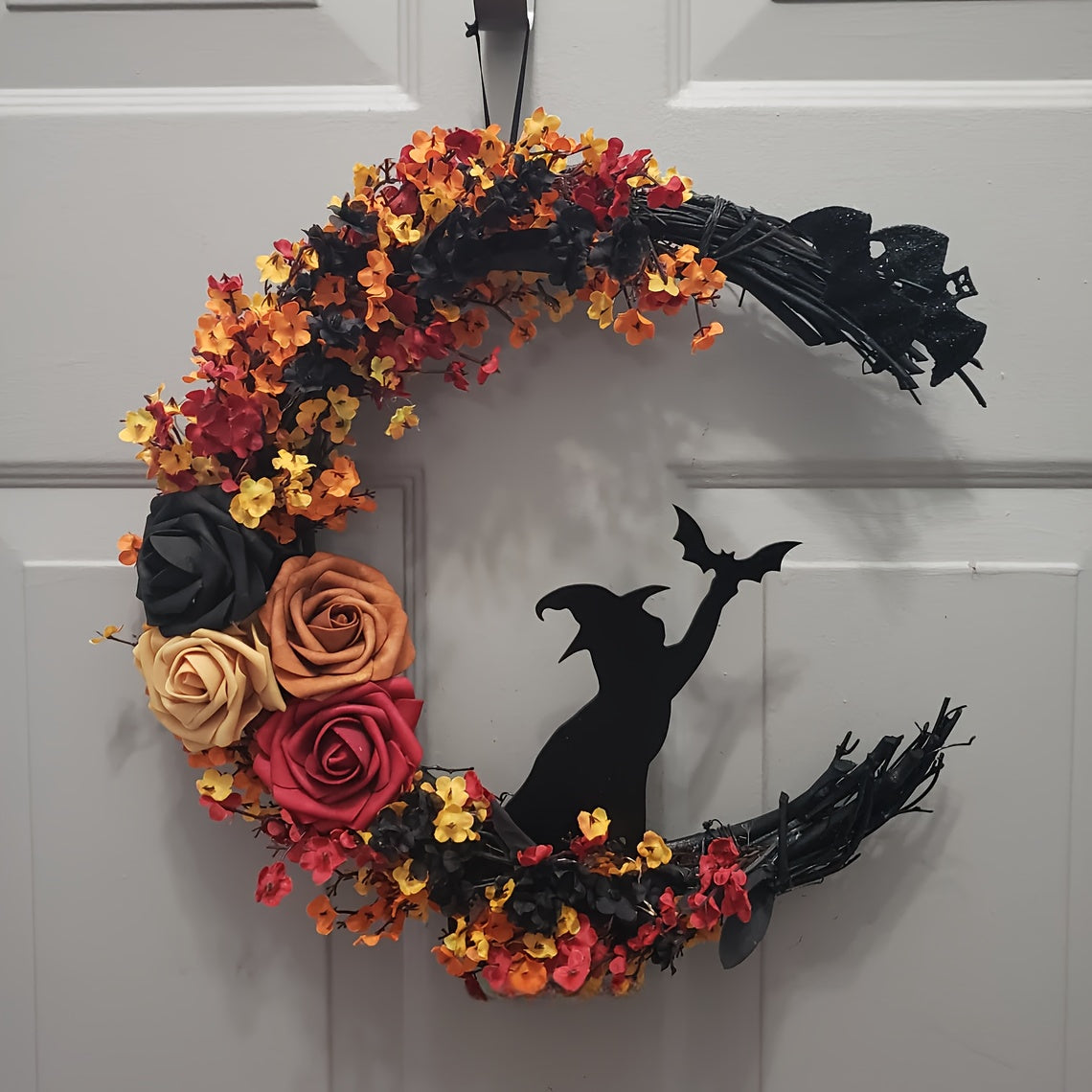 Gothic Halloween Door Wreath with Witch Cat Moon and Autumn Leaves