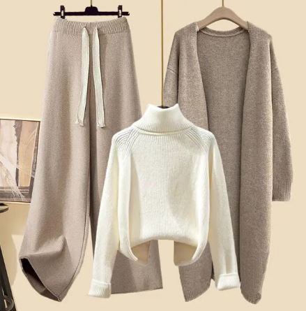 Women’s Three-Piece Knit Lounge Set | Wide-Leg Drawstring Pants & Cropped Turtleneck | Long Cardigan | Comfortable Fit
