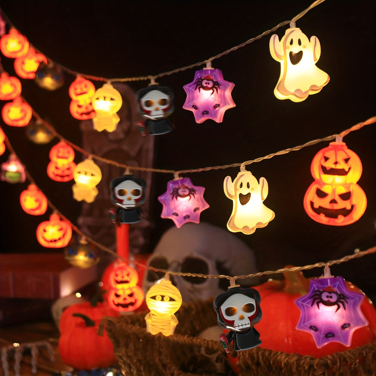 Battery-Operated Halloween String Lights with Pumpkin and Spider Design