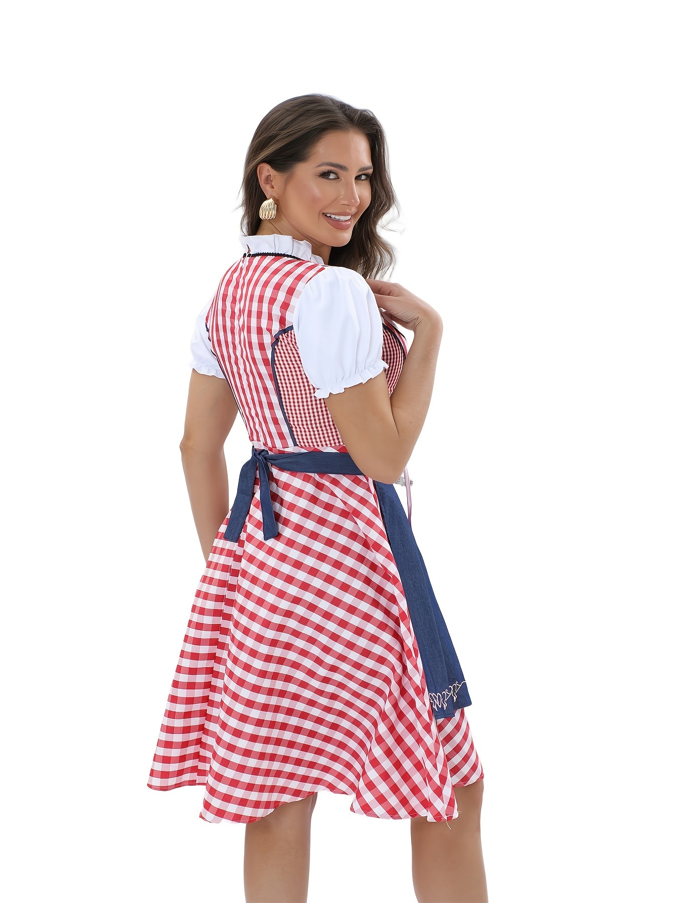 Women's Oktoberfest Dirndl Dress with Traditional Plaid and Embroidery