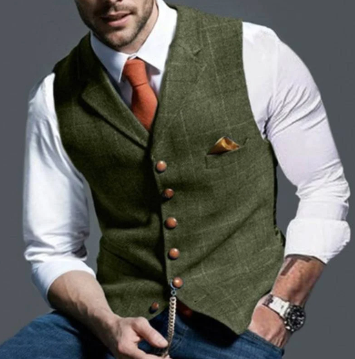 Men’s Vest | Vintage Style with Pocket Watch Chain | Textured Woven Fabric | Timeless Sophistication