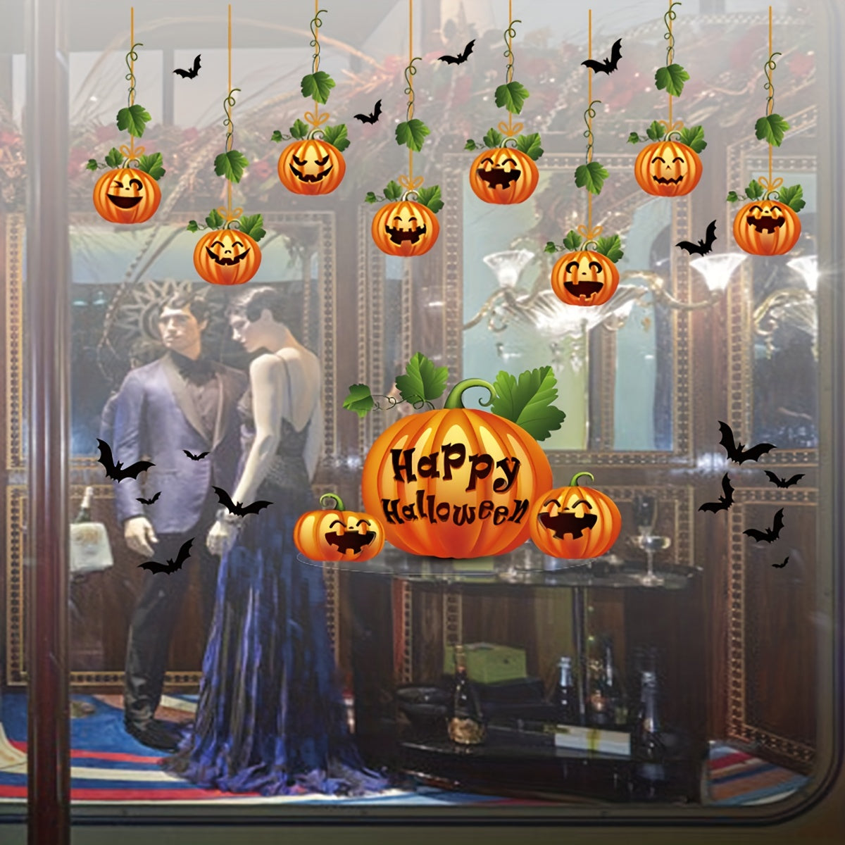 10-Pack Halloween Window Stickers – Reusable Double-Sided Pumpkin Decals – Static Cling for Living Room, Kitchen, Bathroom Party Décor