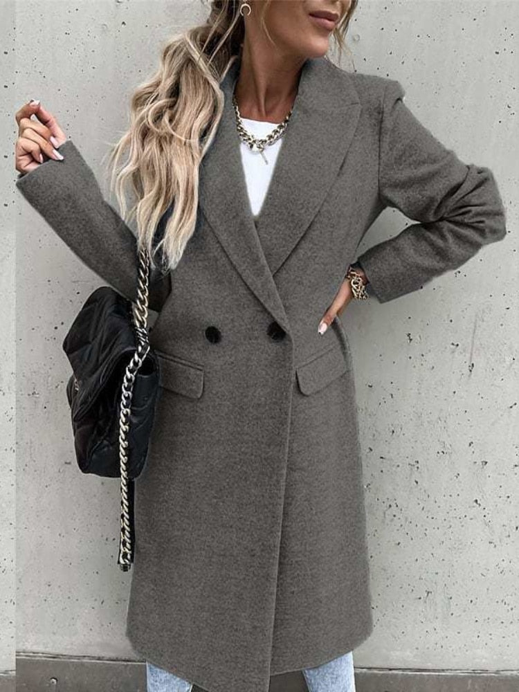 Women’s Long Double-Breasted Overcoat | Warm Polyester Fabric | Classic Lapels & Flap Pockets | Below Knee Length