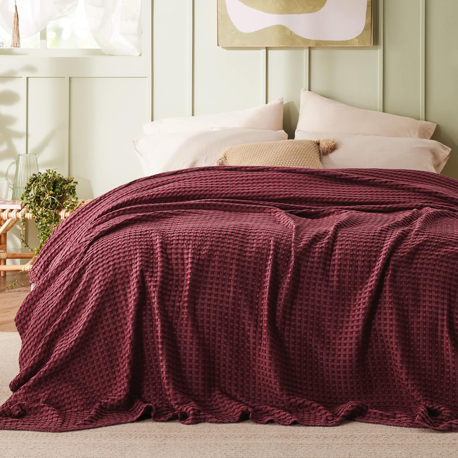 Lightweight Cotton and Bamboo Cooling Waffle Blanket - Queen Size Summer Throw