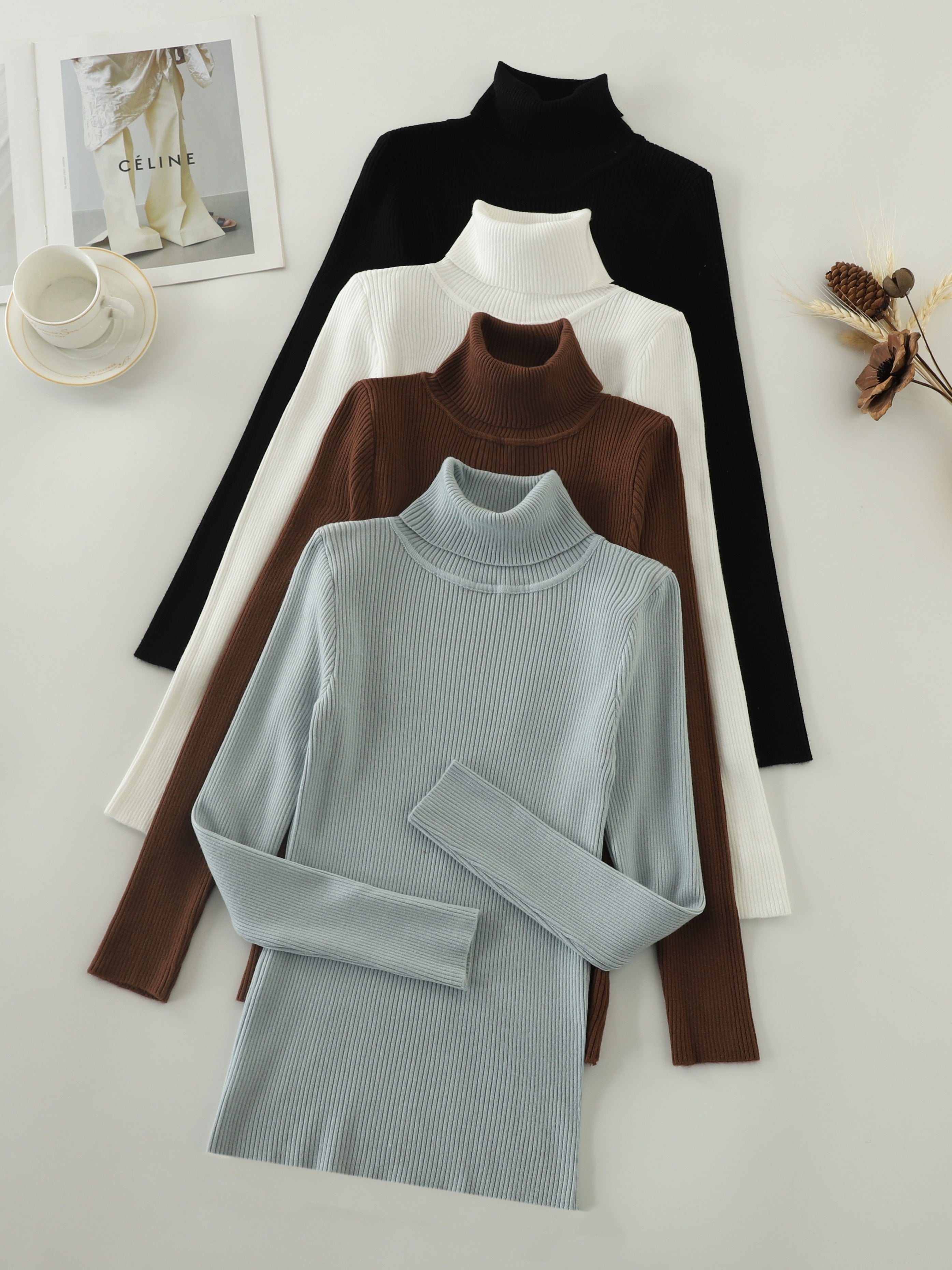 Ribbed Turtleneck Sweater | Stretchy Fit | Comfortable All-Day Wear | Polyester