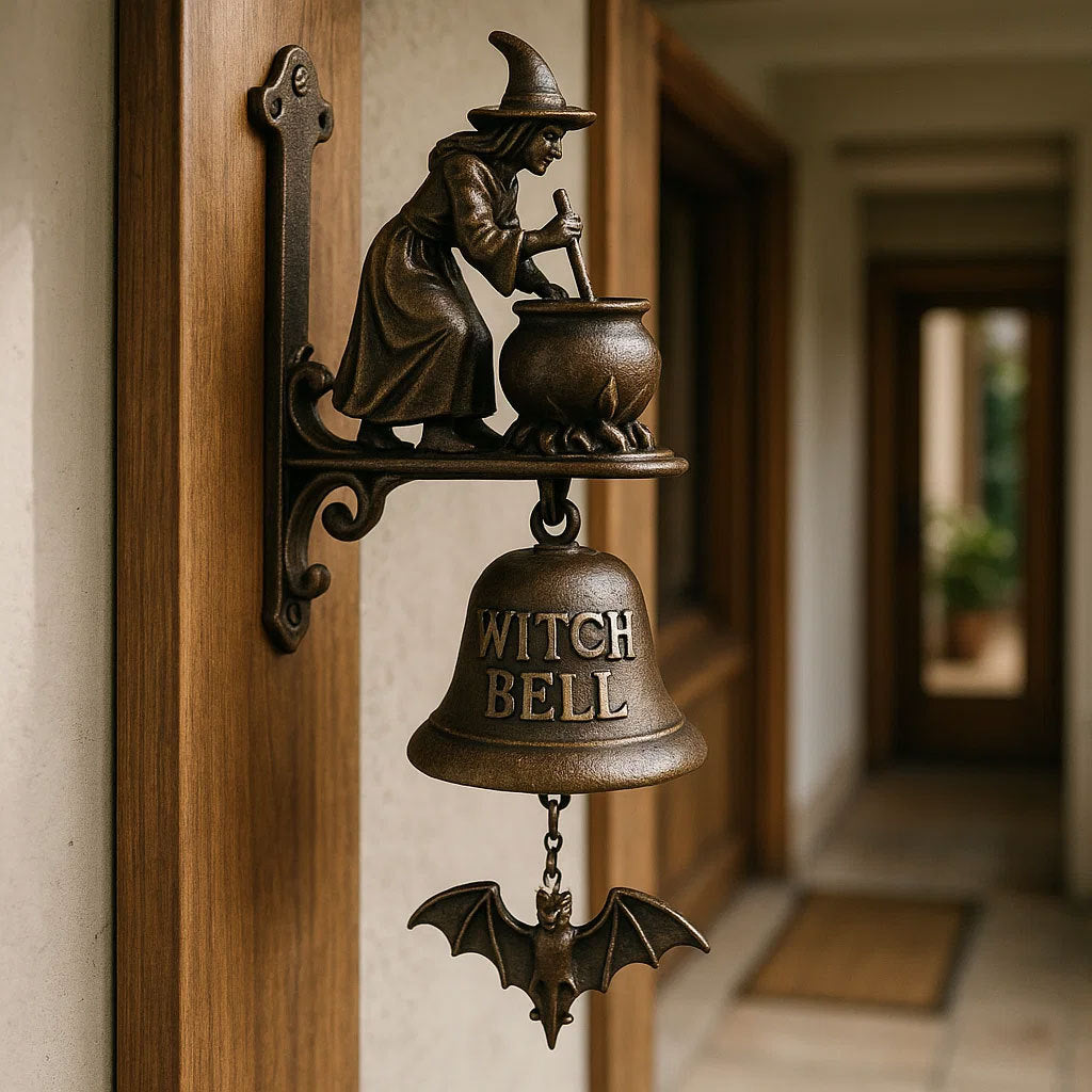 Halloween Witch Bell Door Chime with Bat Clapper and Metal Spell Charm