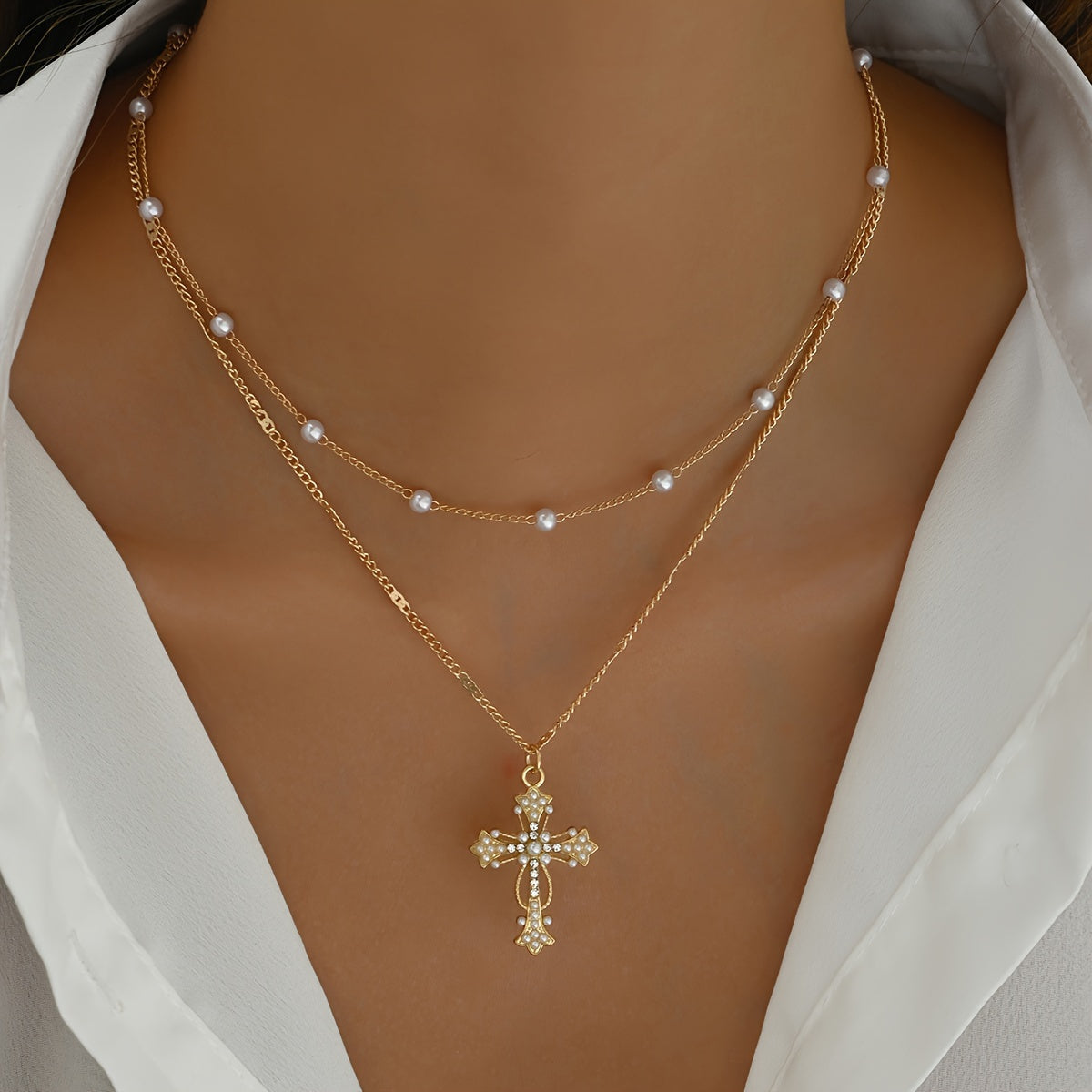 Elegant Gold Cross Pendant Necklace with Beaded Chain