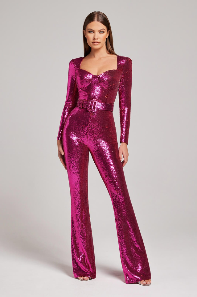 Women’s Sequin Jumpsuit | Belted Wide-Leg Design | Polyester Fabric | Elegant Evening Wear