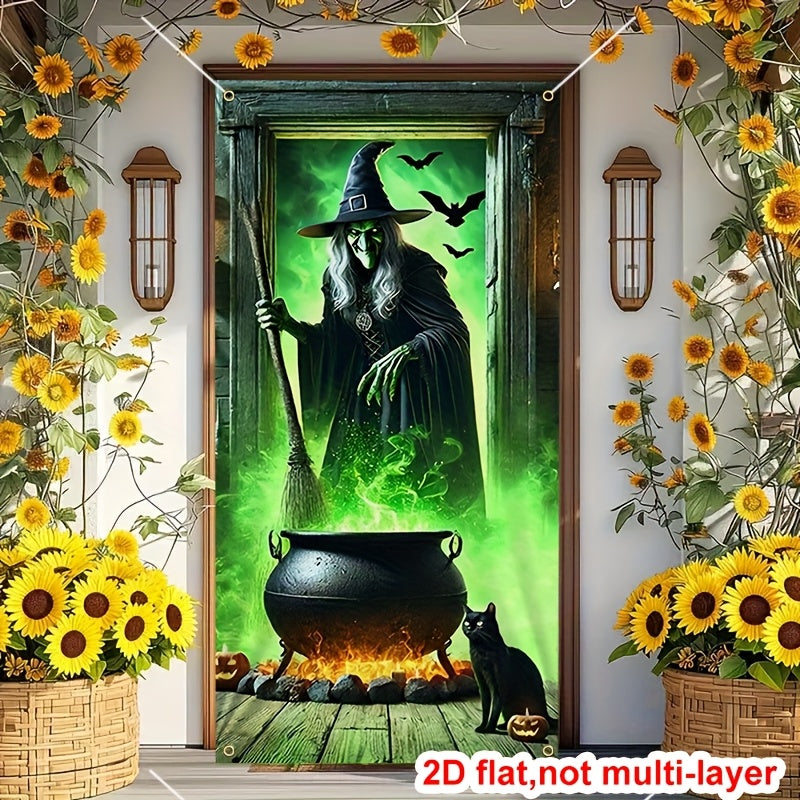 Glow-in-the-Dark Halloween Door Banner with Witch and Cat Design