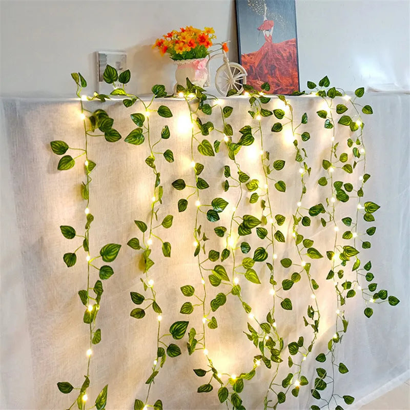 Battery Operated Garden Vine LED String Lights with Artificial Leaf Garland - Ivy, Watermelon, Green Dill, Two Color Ivy Vines - Warm White LED, Indoor/Outdoor, 2M-10M Lengths