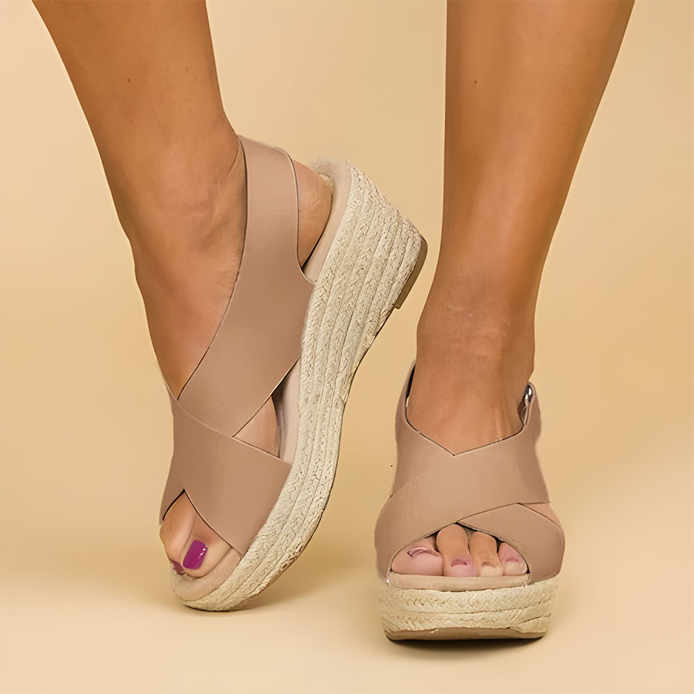 Women’s Orthopedic Sandals | Cross-Strap Wedge Espadrille | Soft PU Leather & Hemp Sole | Posture Support