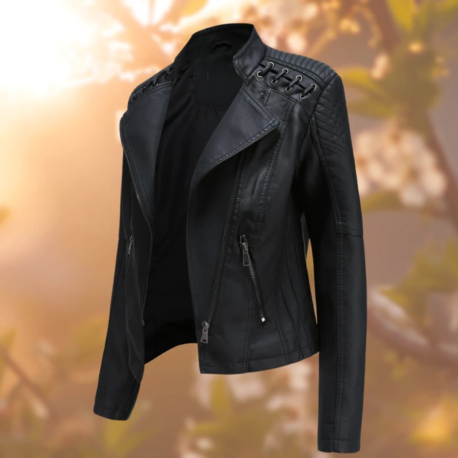 Women’s PU Leather Moto Jacket | Lace-Up Shoulder Detail | Regular Fit | Autumn Winter Outerwear