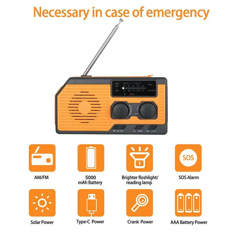Emergency Radio with Solar and Hand Crank Power