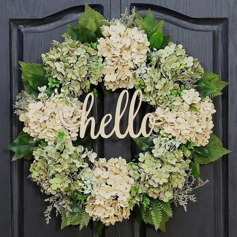 Hello Sign Green Hydrangea Wreath Decoration