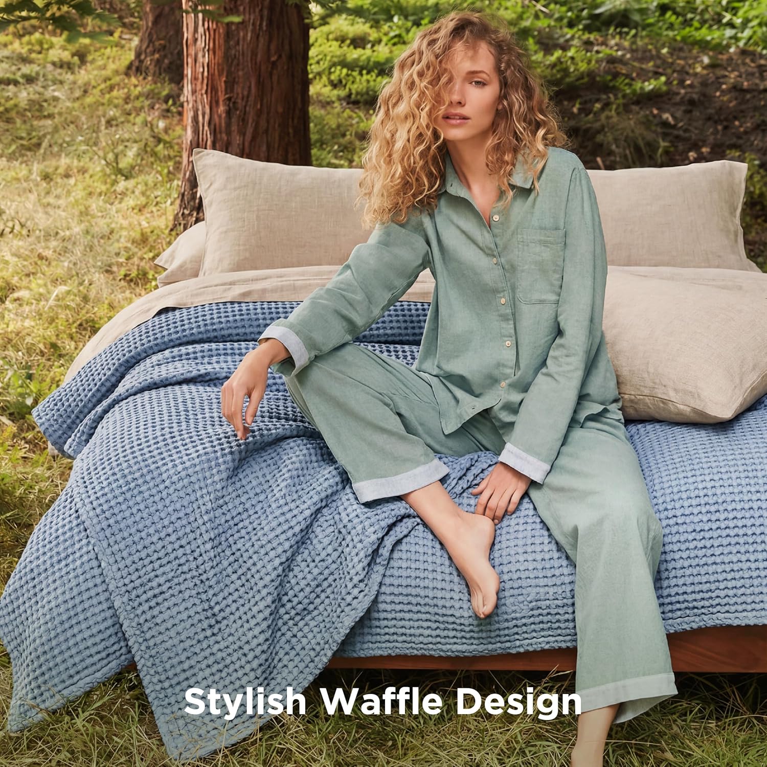 Lightweight Cotton and Bamboo Cooling Waffle Blanket - Queen Size Summer Throw