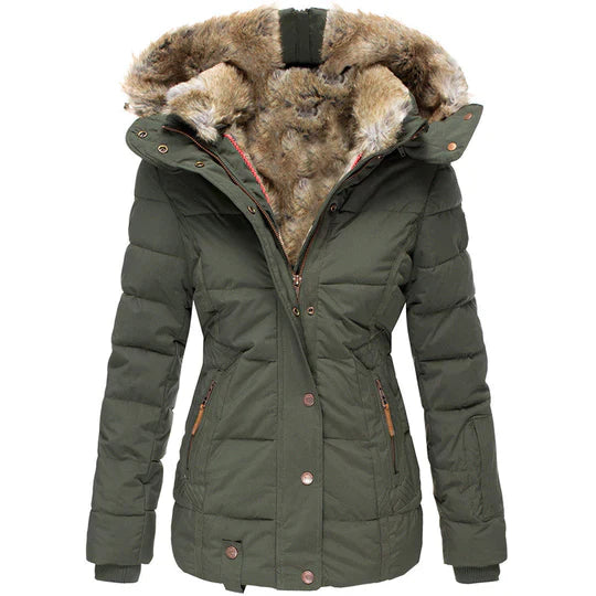 Women's Winter Jacket | Insulating Padded Lining & Faux Fur Hood | Button & Zipper Closure | Warmth and Wind Protection