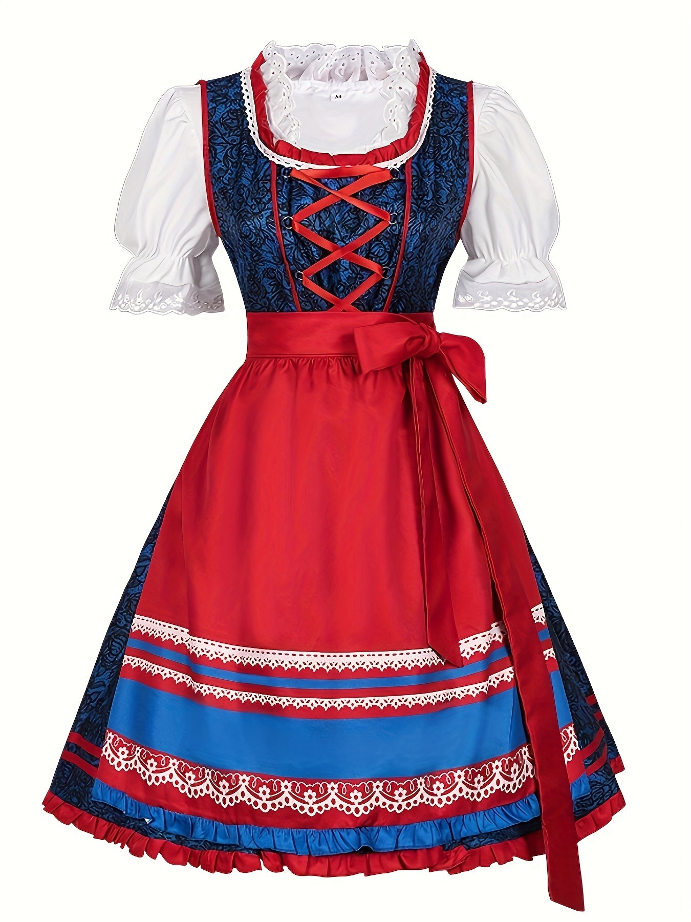 Women's Bavarian Oktoberfest Dress with Lace Blouse and Red Apron
