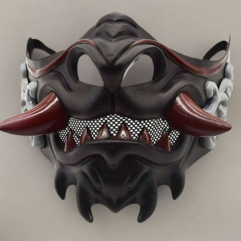 Ninja Demon Halloween Mask with Red Horns and Lightweight Plastic