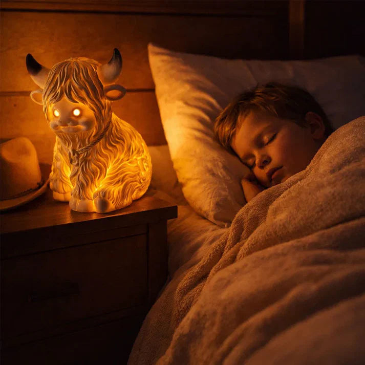 Resin Night Lamp featuring Highland Cow Design – Warm Amber Glow