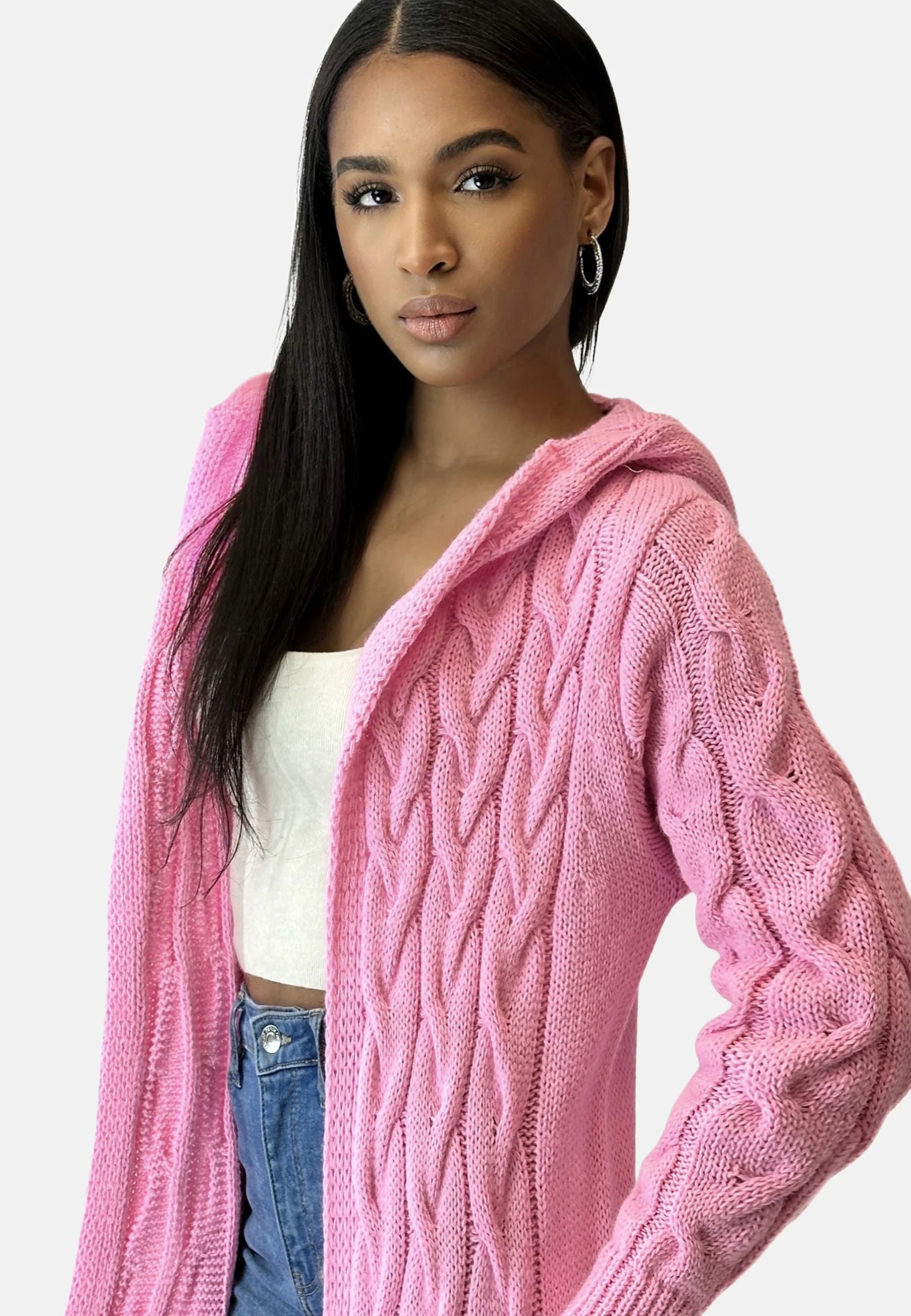 Women’s Long Hooded Knit Cardigan | Cable Knit & Cotton Blend | Open Front | Comfortable Warmth