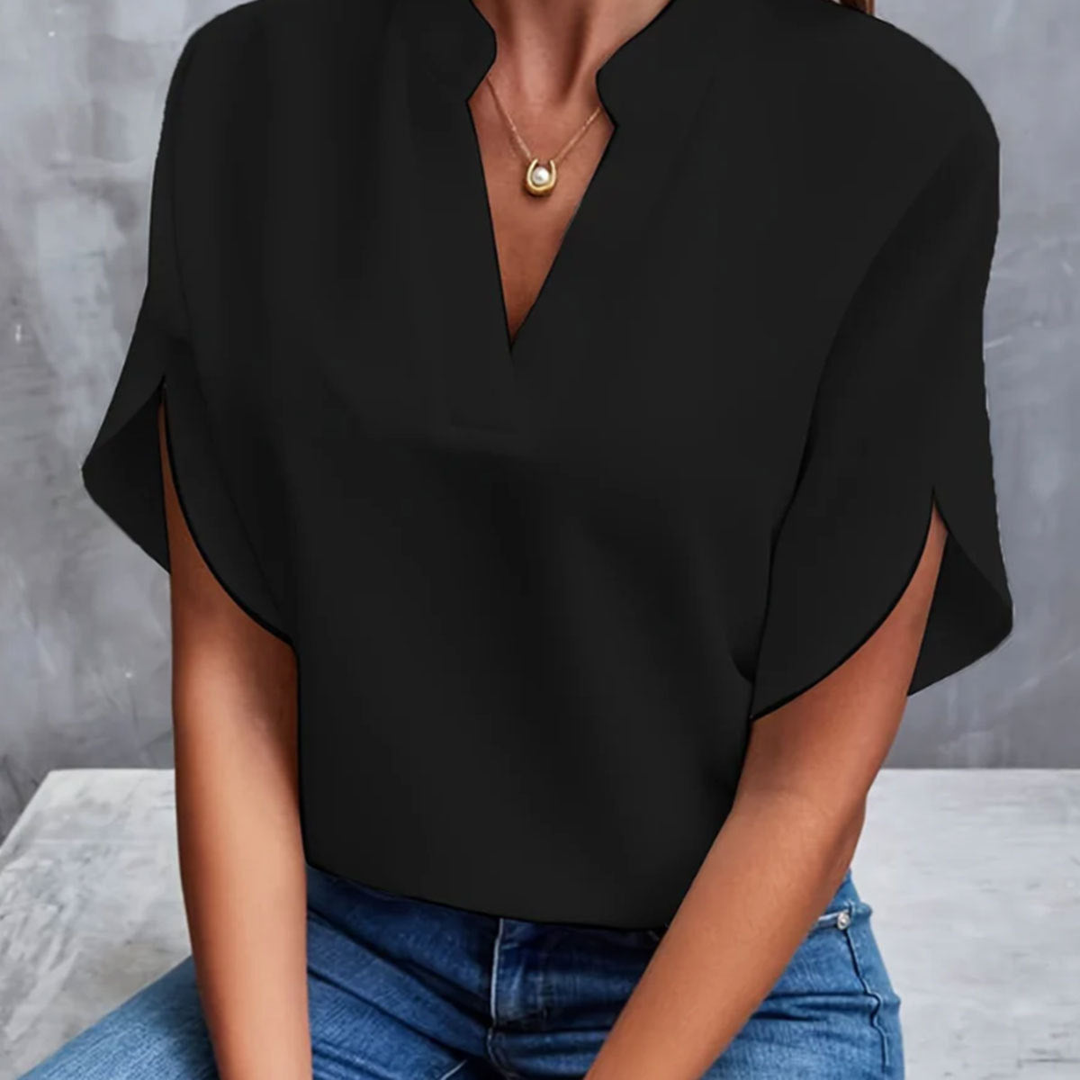 Women’s V-Neck Short-Sleeve Blouse | Split Sleeve Details | Polyester Fabric | Comfortable Fit