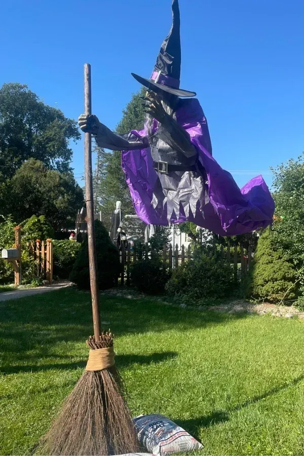 Life-Size Flying Witch Halloween Animatronic with Glowing Eyes and Sounds