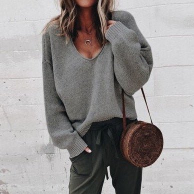 Women's Loose V-Neck Knit Pullover Sweater | Polyester Fabric | Comfortable Fit