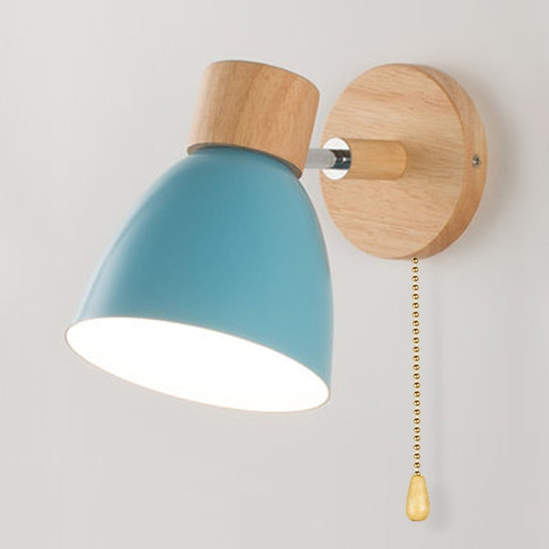Wall Lamp | Scandinavian Wooden Shade | Metal Construction & Pull Switch | Space-Saving Design