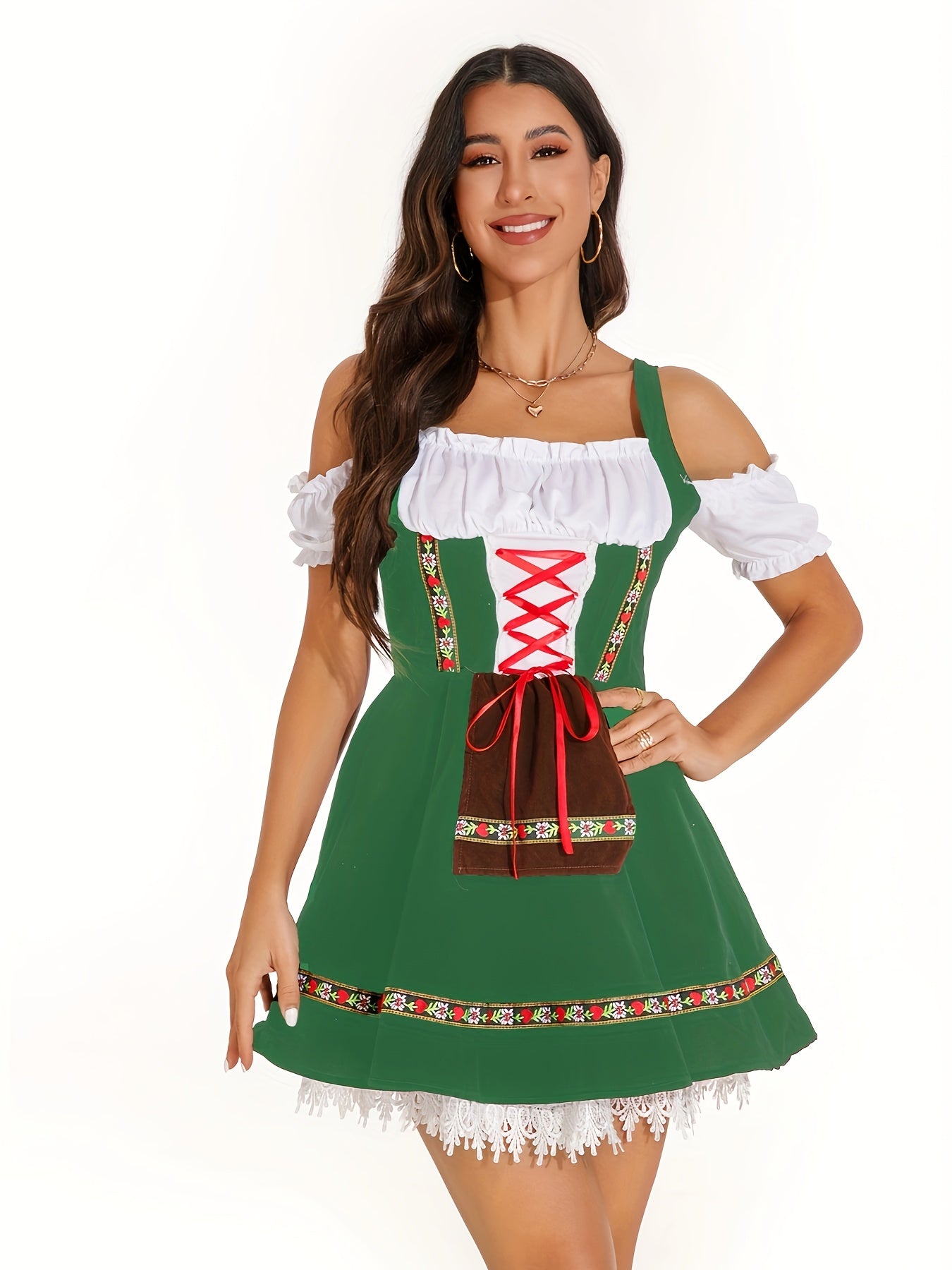 Women's Bavarian Dirndl Dress with Lace Trim for Oktoberfest Celebrations