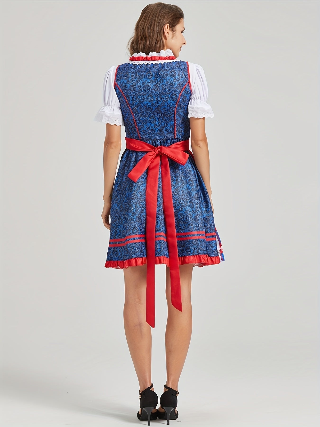 Women's Bavarian Oktoberfest Dress with Lace Blouse and Red Apron