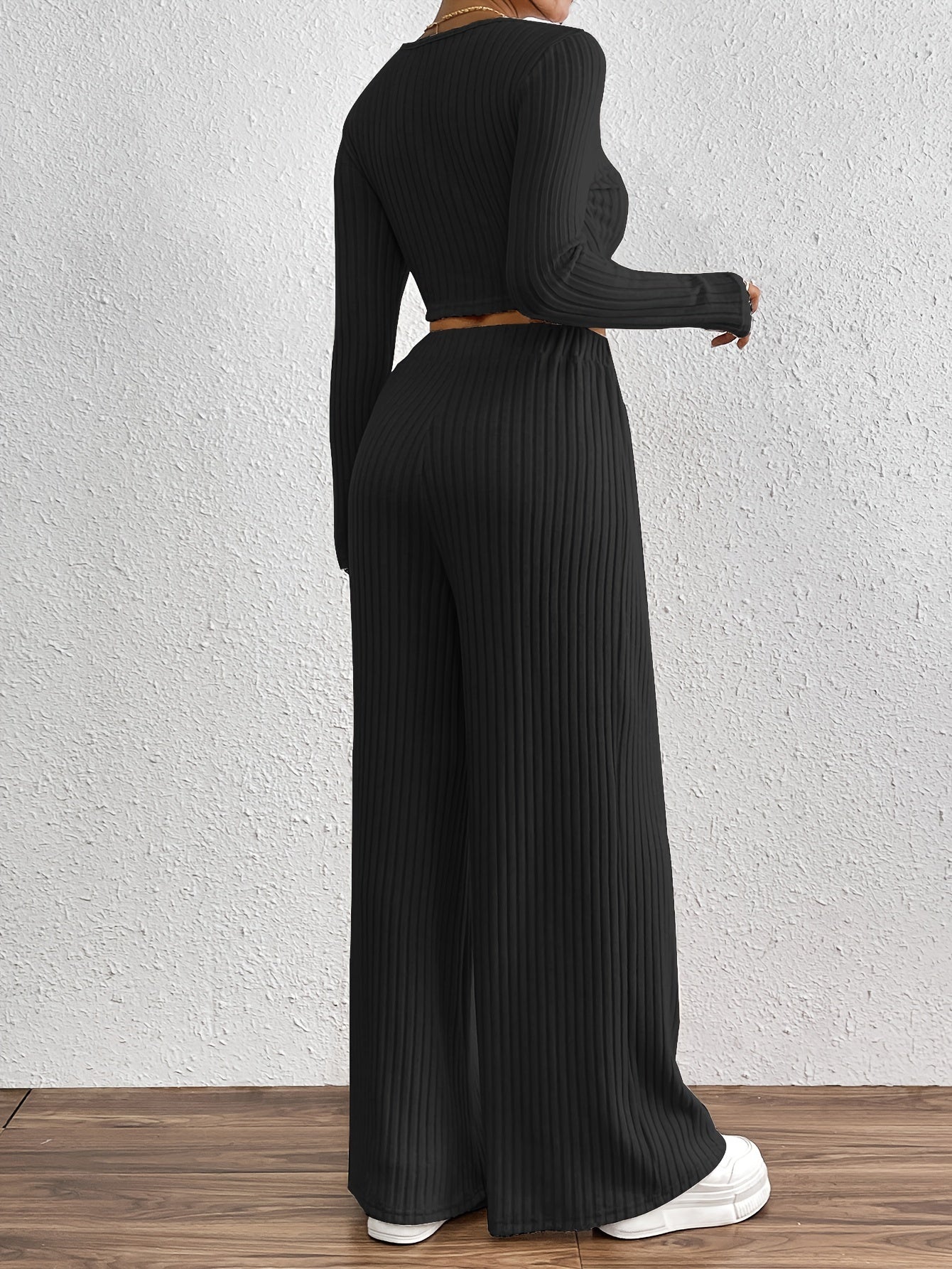 Ribbed Crew Neck Top | Long Sleeve | Stylish Fall Winter Wear | Polyester