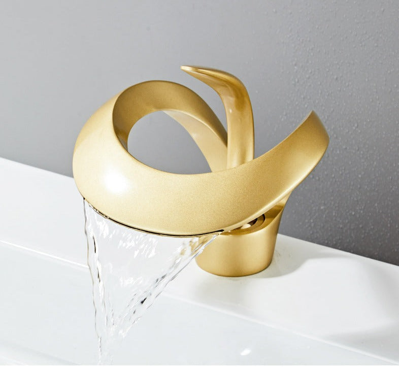 Bathroom Faucet | Waterfall Spout & Curved Loop Design | Solid Brass & Brushed Gold Finish | Easy Single-Handle Control