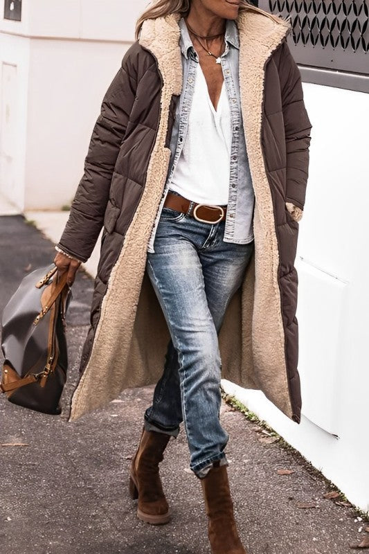 Women’s Long Winter Coat | Teddy Lining & Quilted Design | Reversible Style | Comfortable Warmth