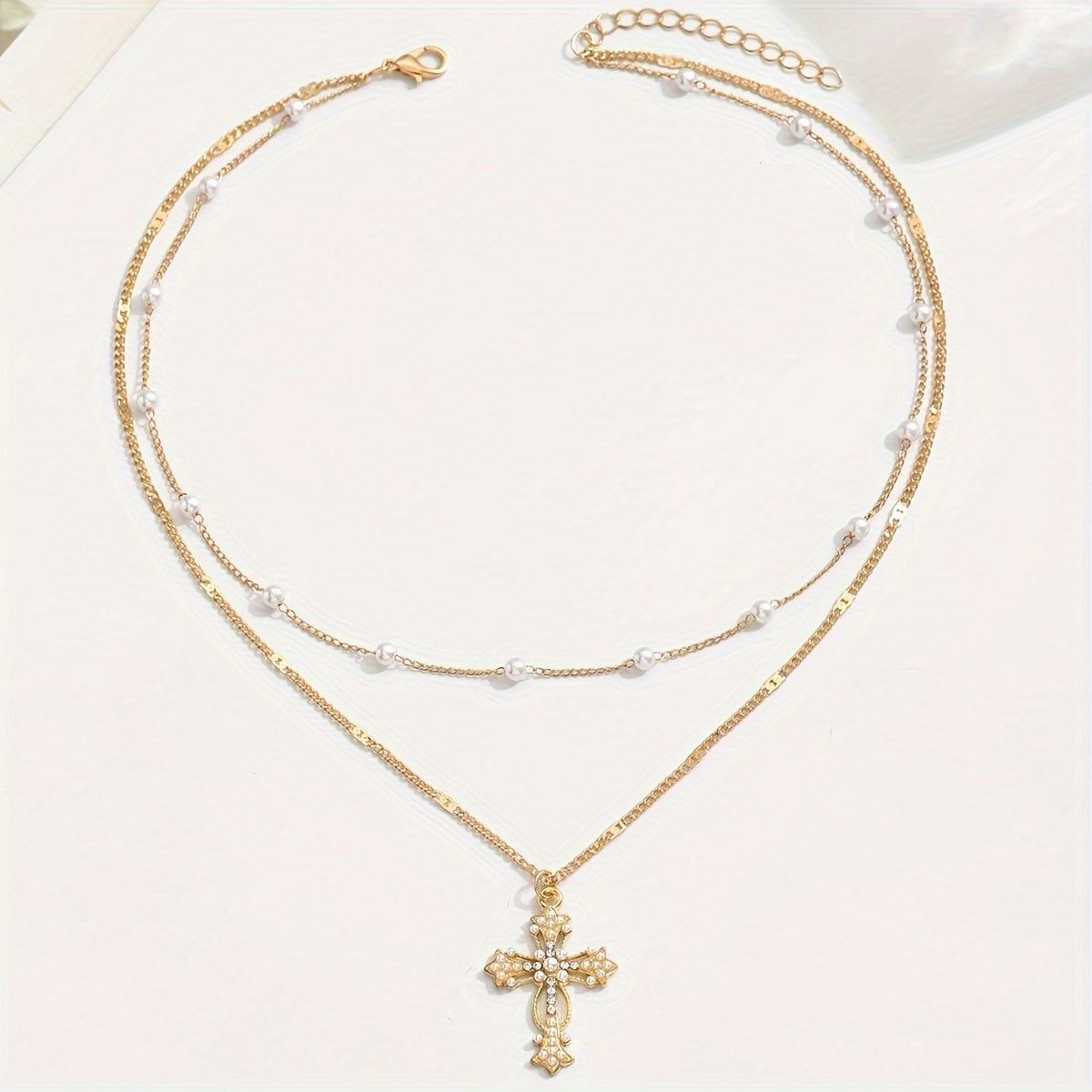 Elegant Gold Cross Pendant Necklace with Beaded Chain