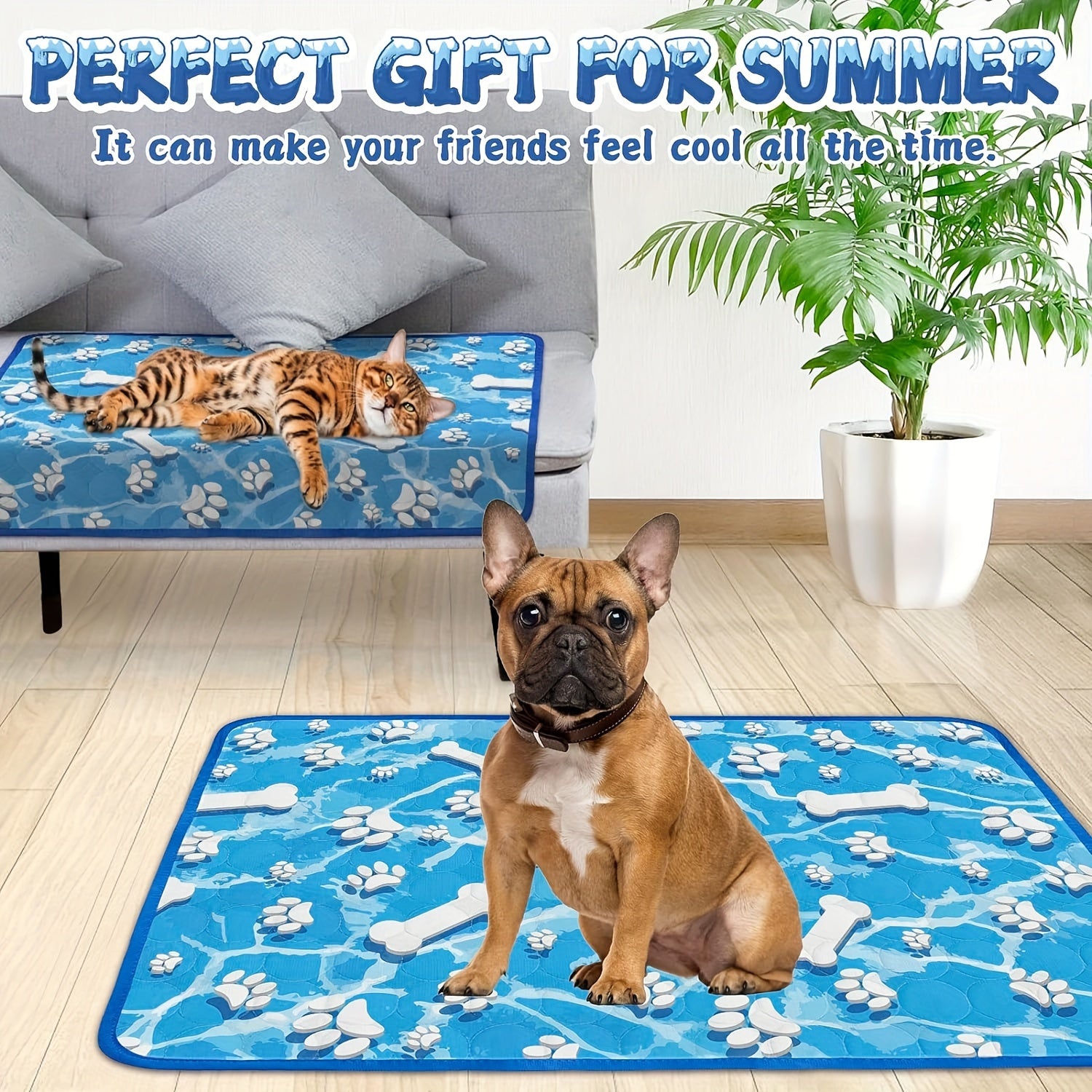 Extra Large Cooling Mat for Dogs & Cats - Washable Summer Pet Self-Cooling Pad with Bone & Paw Print Design, Perfect for Beds, Cat Beds, Dog Houses, Crates, and Car Seats, Car Seat Cover | Cartoon Print Mat, Dog Cooling Accessories