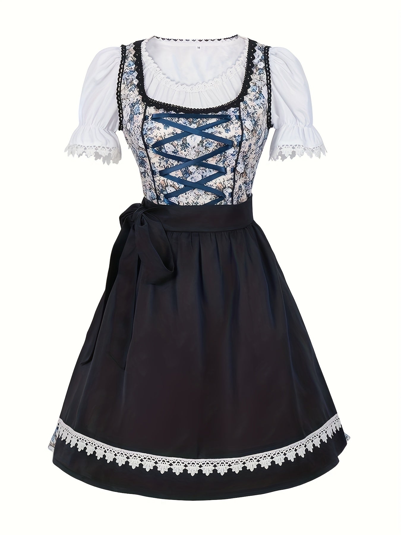 Women's Bavarian Dirndl Dress with Floral Print and Puff Sleeves for Oktoberfest