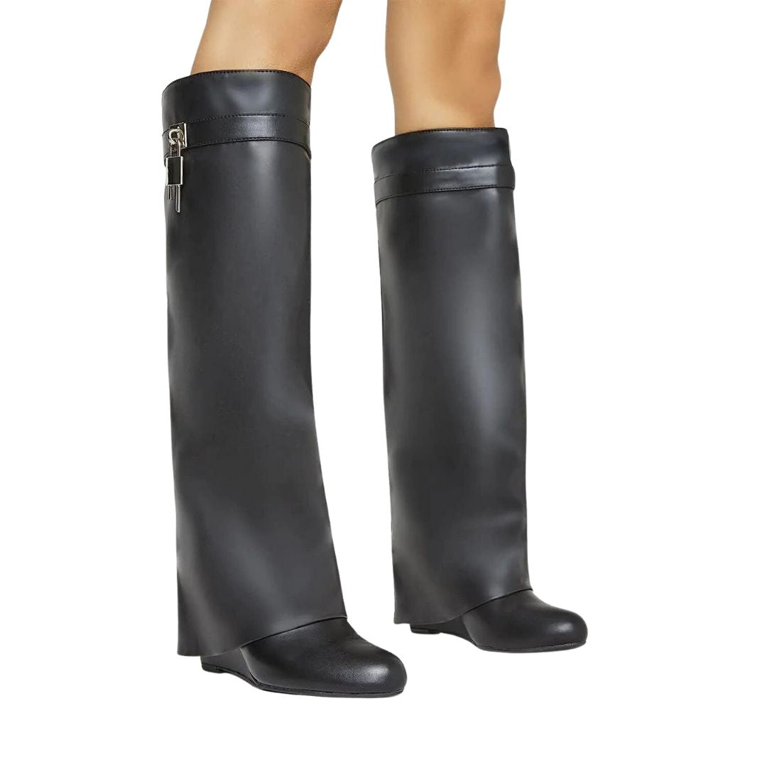 Women’s Knee-High Boots | PU Leather Durable Design | Side Zip with Padlock Pull | Comfortable Fit
